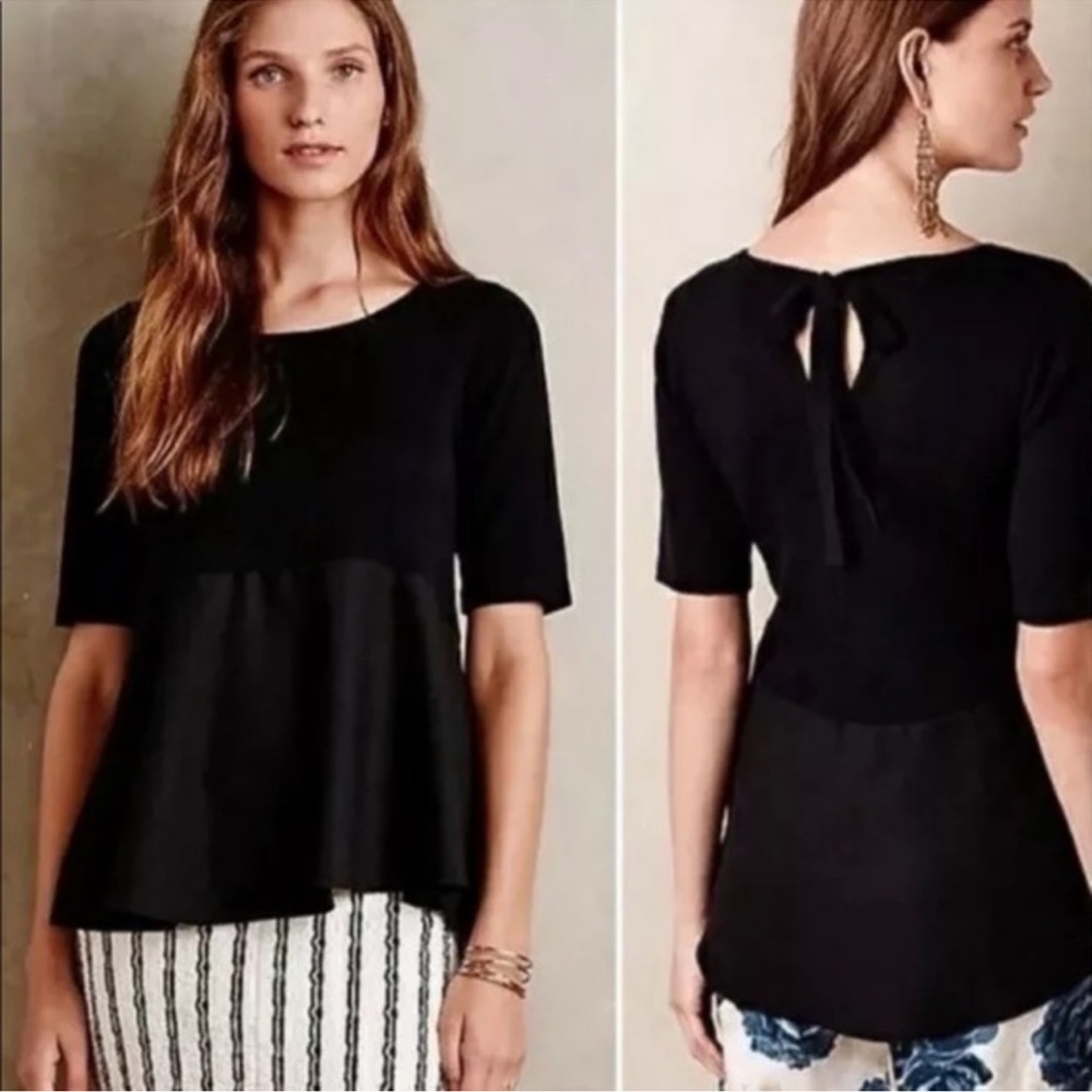 Anthropologie Moth Black Knit Peplum Keyhole Back Top Blouse Shirt